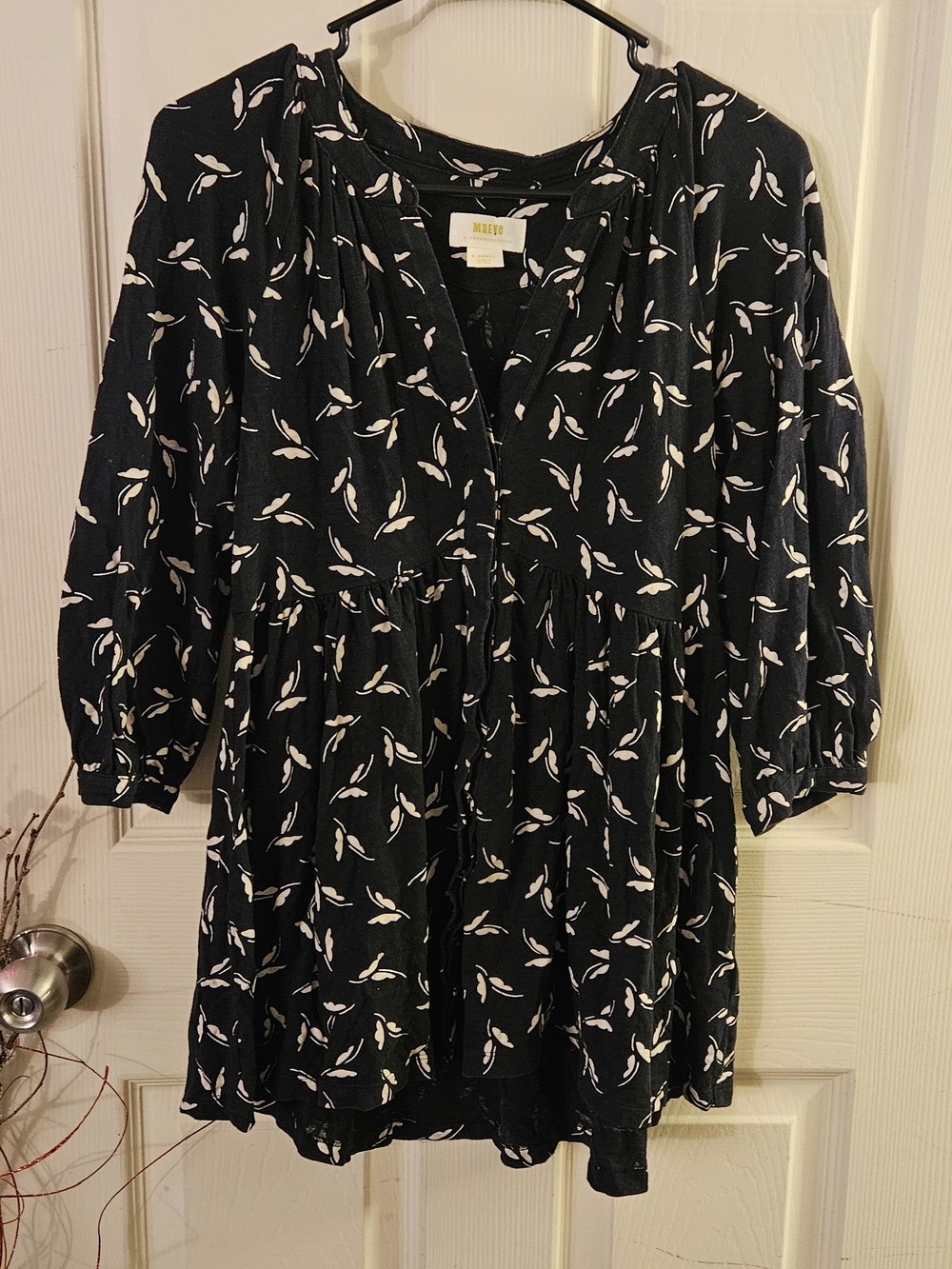 Anthropologie Black Floral Long-Sleeve Peasant Dress